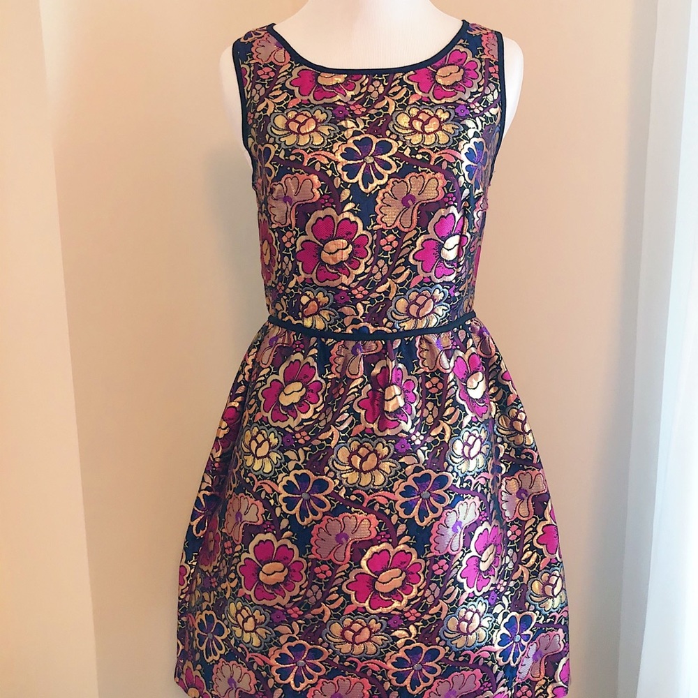 Rose Gold + Purple Metallic Floral Flare Dress XS